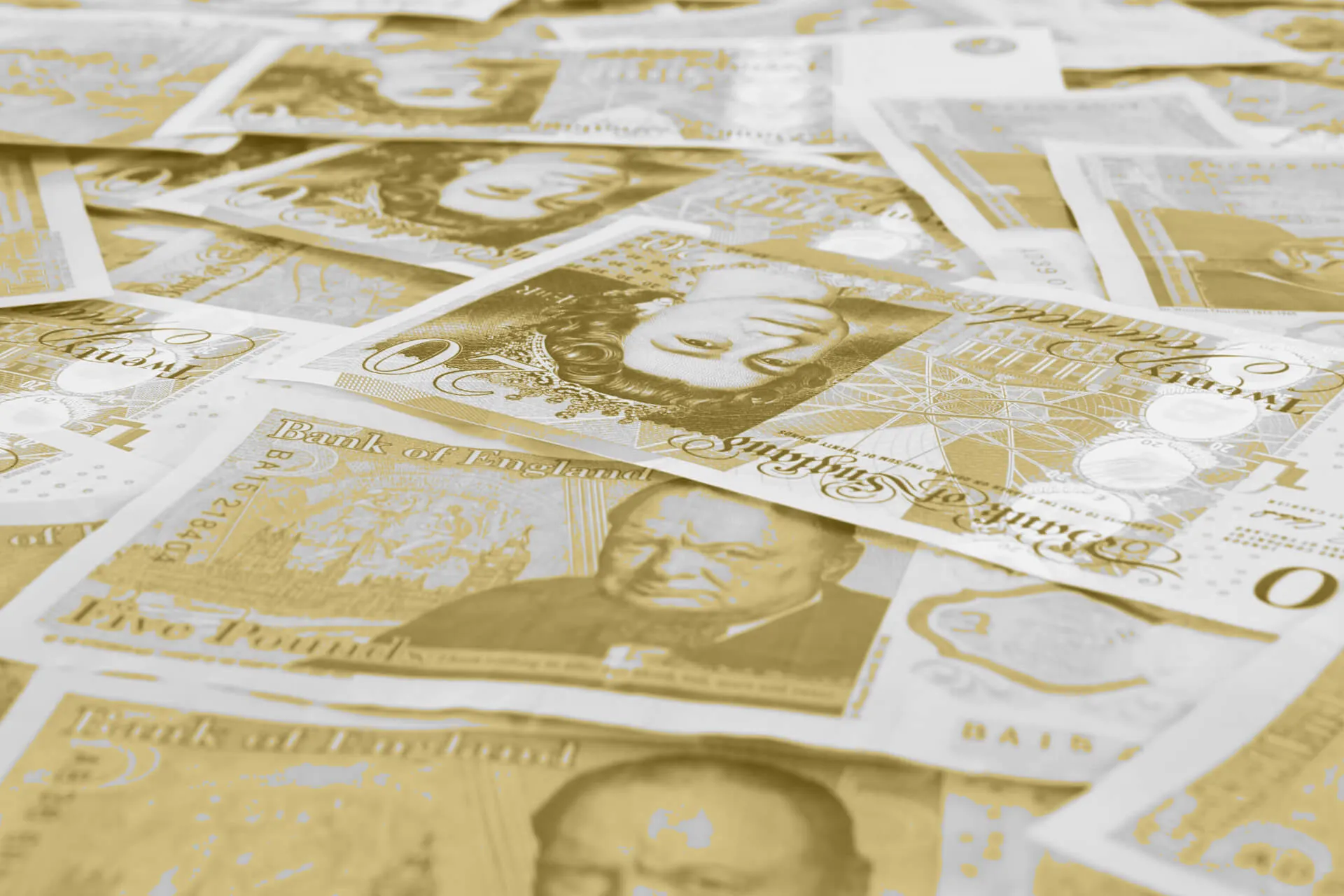 A scattered pile of British pound banknotes, including £5 and £20 notes, featuring portraits of Winston Churchill and Queen Elizabeth II. The image has a gold-tinted overlay, giving it a stylised, monochromatic appearance