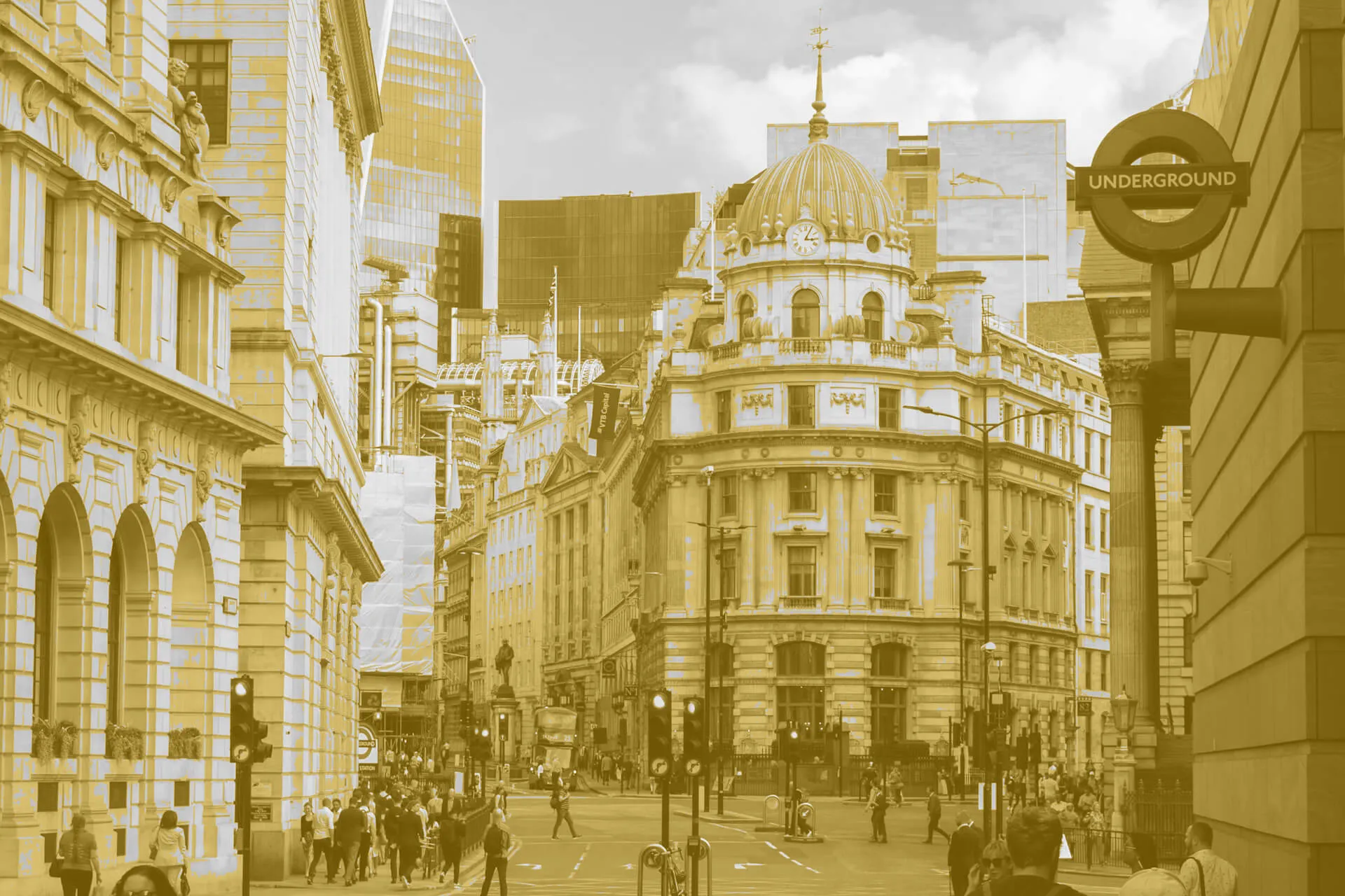 City of London street view near Bank Station with historic architecture, modern skyscrapers, and Underground sign – financial district scene.